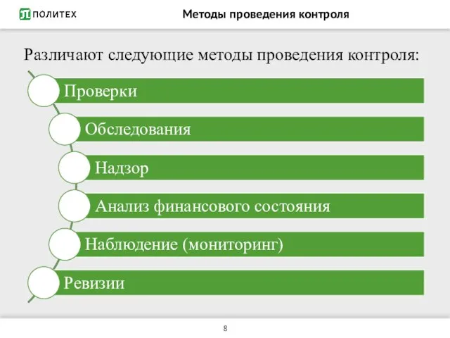 Методы проведения контроля Различают следующие методы проведения контроля: