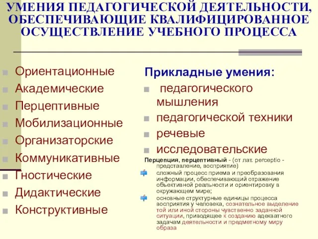 УМЕНИЯ ПЕДАГОГИЧЕСКОЙ ДЕЯТЕЛЬНОСТИ, ОБЕСПЕЧИВАЮЩИЕ КВАЛИФИЦИРОВАННОЕ ОСУЩЕСТВЛЕНИЕ УЧЕБНОГО ПРОЦЕССА Ориентационные Академические Перцептивные