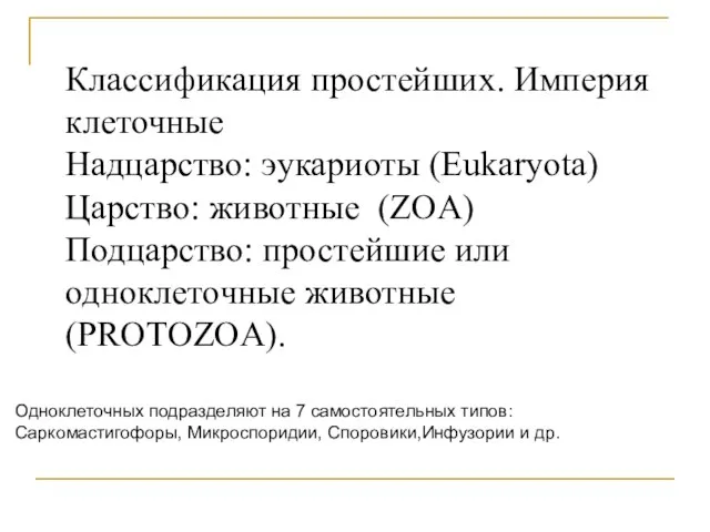 Классификация простейших. Империя клеточные Надцарство: эукариоты (Eukaryota) Царство: животные (ZOA) Подцарство: