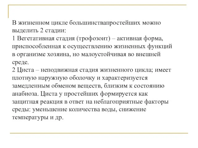 В жизненном цикле большинствапростейших можно выделить 2 стадии: 1 Вегетативная стадия