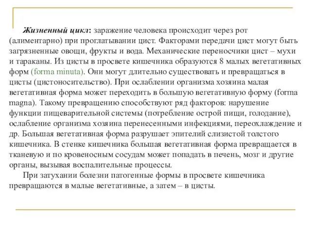 Жизненный цикл: заражение человека происходит через рот (алиментарно) при проглатывании цист.