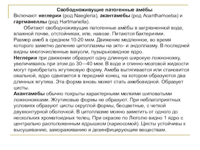 Свободноживущие патогенные амёбы Включают неглерии (род Naegleria), акантамебы (род Acanthamoeba) и