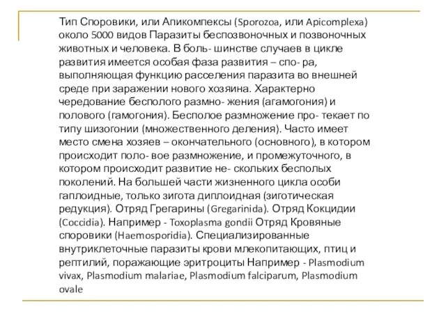 Тип Споровики, или Апикомпексы (Sporozoa, или Apicomplexa) около 5000 видов Паразиты