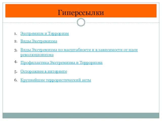 Гиперссылки 1. Экстремизм и Терроризм 2. Виды Экстремизма 3. Виды Экстремизма