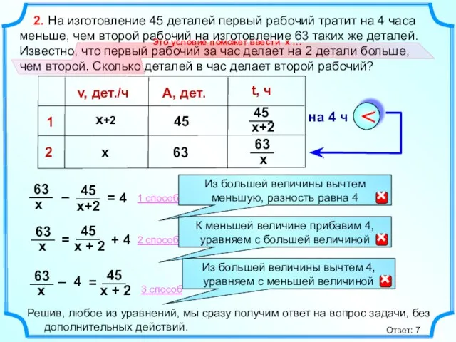 2. На изготовление 45 деталей первый рабочий тратит на 4 часа