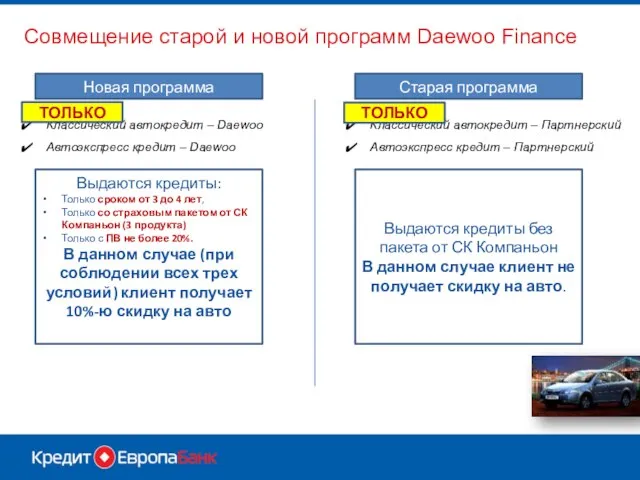 Совмещение старой и новой программ Daewoo Finance Классический автокредит – Партнерский