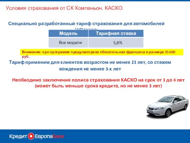 Условия страхования от СК Компаньон. КАСКО. Специально разработанный тариф страхования для