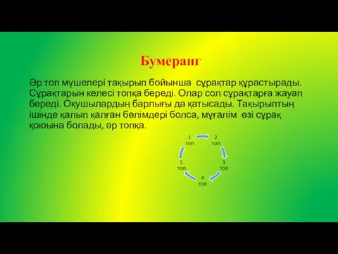 Бумеранг Әр топ мүшелері тақырып бойынша сұрақтар құрастырады. Сұрақтарын келесі топқа