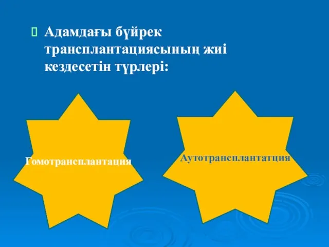 Адамдағы бүйрек трансплантациясының жиі кездесетін түрлері: Гомотрансплантация Аутотрансплантатция