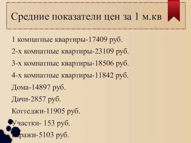 Средние показатели цен за 1 м.кв 1 комнатные квартиры-17409 руб. 2-х