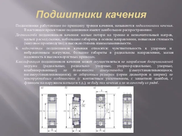 Подшипники качения Подшипники работающие по принципу трения качения, называются подшипниками качения.