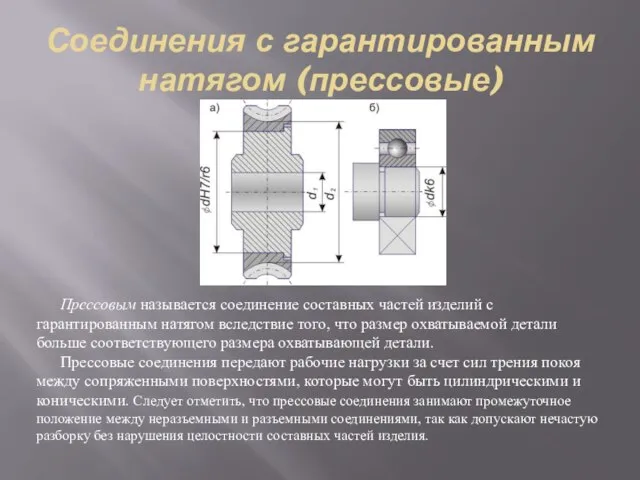 Соединения с гарантированным натягом (прессовые) Прессовым называется соединение составных частей изделий