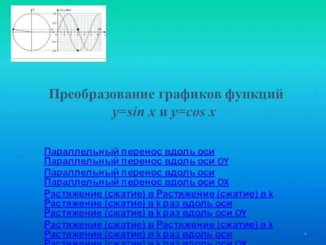 Преобразование графиков функций y=sin x и y=cos x Параллельный перенос вдоль