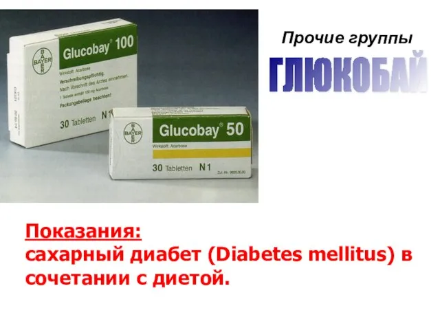 ГЛЮКОБАЙ Показания: сахарный диабет (Diabetes mellitus) в сочетании с диетой. Прочие группы