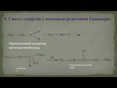 4. Синтез спиртов с помощью реактивов Гриньяра: Пропионовый альдегид метилмагнийиодид δ+