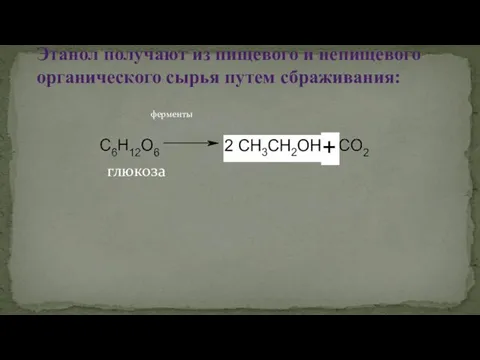 Этанол получают из пищевого и непищевого органического сырья путем сбраживания: глюкоза ферменты