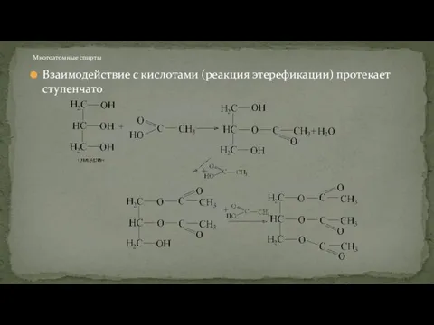 Взаимодействие с кислотами (реакция этерефикации) протекает ступенчато Многоатомные спирты