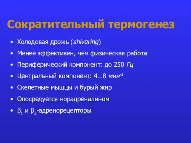 Сократительный термогенез Холодовая дрожь (shivering) Менее эффективен, чем физическая работа Периферический