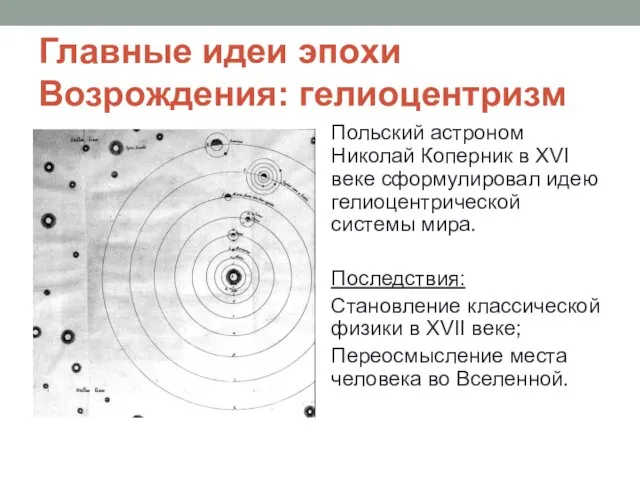 Главные идеи эпохи Возрождения: гелиоцентризм Польский астроном Николай Коперник в XVI