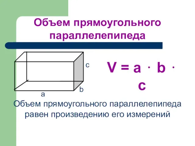 Объем прямоугольного параллелепипеда V = а ⋅ b ⋅ с Объем