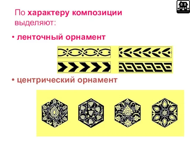 По характеру композиции выделяют: ленточный орнамент центрический орнамент