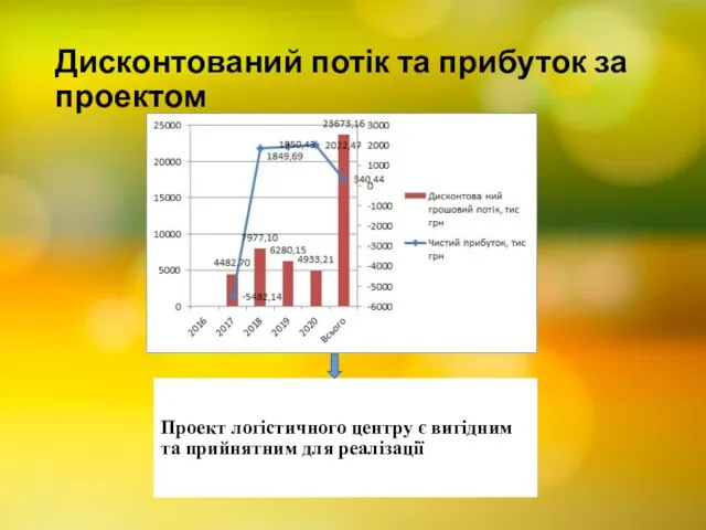 Дисконтований потік та прибуток за проектом Проект логістичного центру є вигідним та прийнятним для реалізації