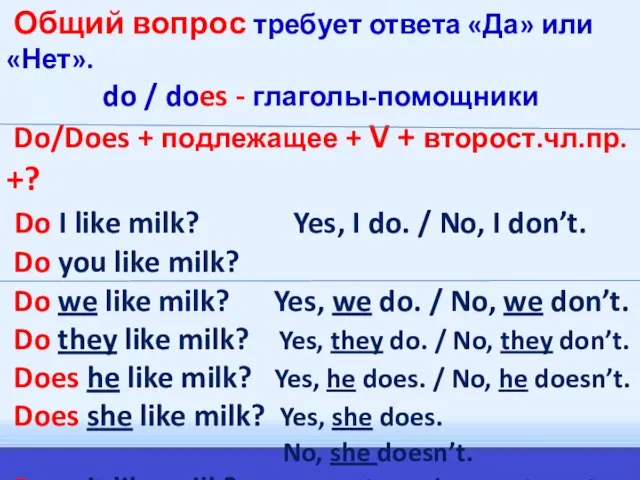 Общий вопрос требует ответа «Да» или «Нет». do / does -