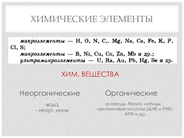 ХИМИЧЕСКИЕ ЭЛЕМЕНТЫ ХИМ. ВЕЩЕСТВА Неорганические Органические -вода, - неорг. ионы -углеводы,