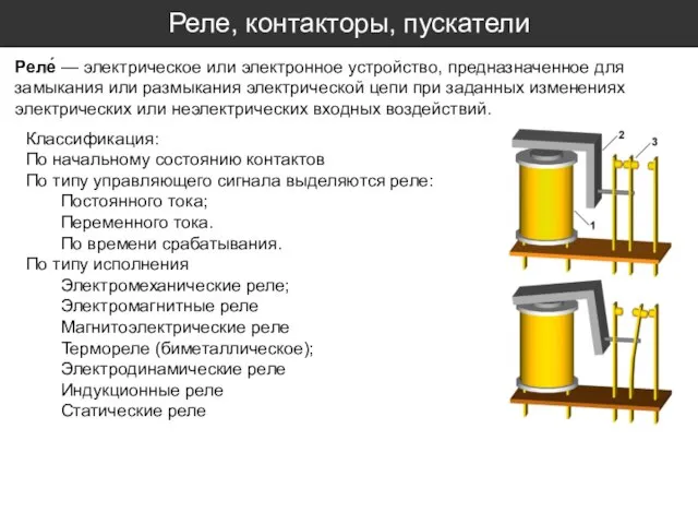 Реле, контакторы, пускатели Реле́ — электрическое или электронное устройство, предназначенное для