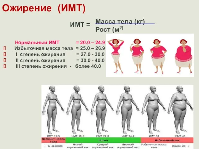Ожирение (ИМТ) Нормальный ИМТ = 20.0 – 24.9 Избыточная масса тела