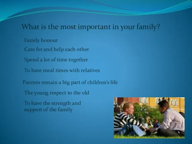 Family honour Care for and help each other Spend a lot