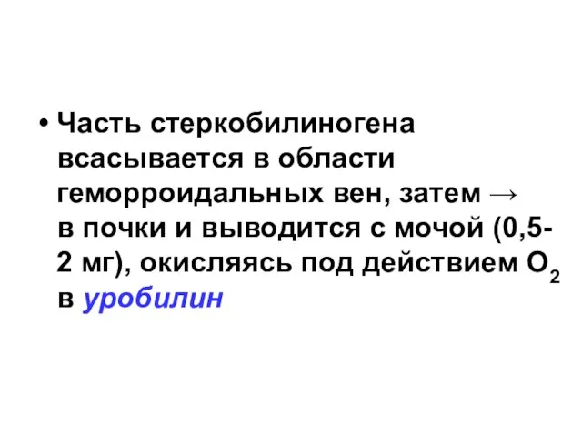 Часть стеркобилиногена всасывается в области геморроидальных вен, затем → в почки