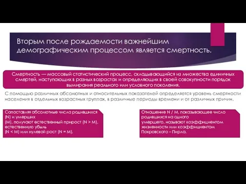 Вторым после рождаемости важнейшим демографическим процессом является смертность. Смертность — массовый