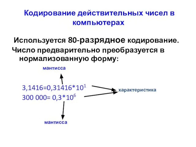 Кодирование действительных чисел в компьютерах Используется 80-разрядное кодирование. Число предварительно преобразуется