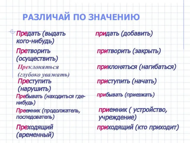 РАЗЛИЧАЙ ПО ЗНАЧЕНИЮ Предать (выдать кого-нибудь) придать (добавить) Претворить (осуществить) притворить