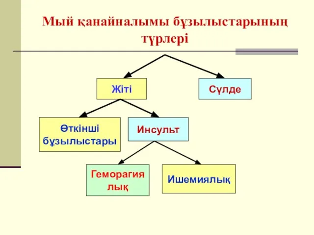 Мый қанайналымы бұзылыстарының түрлері Жіті Сүлде Өткінші бұзылыстары Инсульт Геморагия лық Ишемиялық