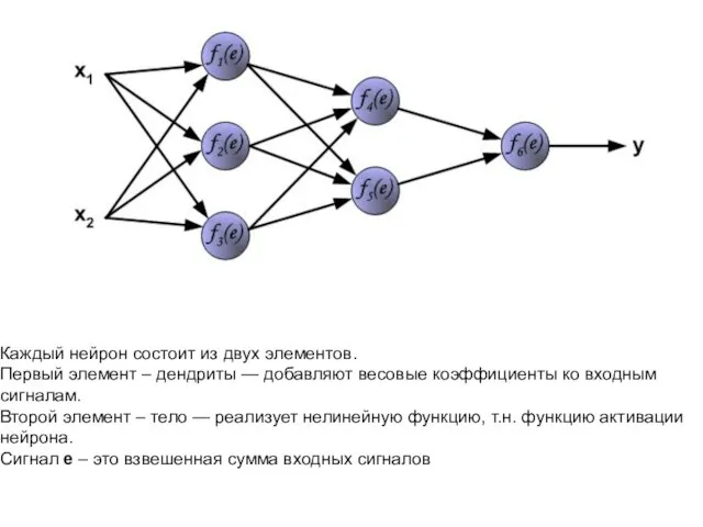 Каждый нейрон состоит из двух элементов. Первый элемент – дендриты —