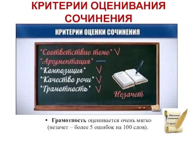 КРИТЕРИИ ОЦЕНИВАНИЯ СОЧИНЕНИЯ Грамотность оценивается очень мягко (незачет – более 5 ошибок на 100 слов).