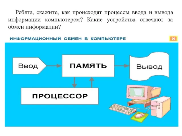 Ребята, скажите, как происходят процессы ввода и вывода информации компьютером? Какие устройства отвечают за обмен информации?