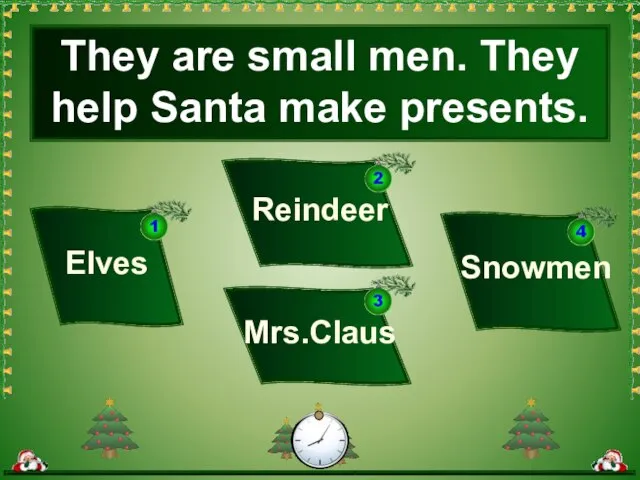 They are small men. They help Santa make presents. Reindeer Elves Snowmen Mrs.Claus