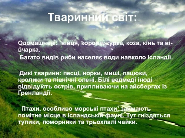 Тваринний світ: Одомашнені: вівця, корова, курка, коза, кінь та ві-вчарка. Багато