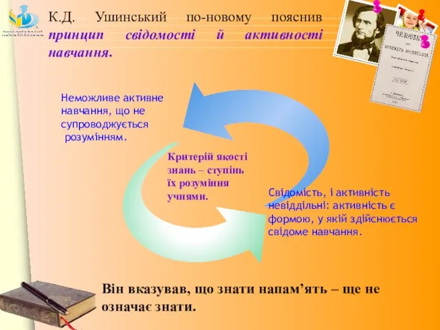 К.Д. Ушинський по-новому пояснив принцип свідомості й активності навчання. Він вказував,