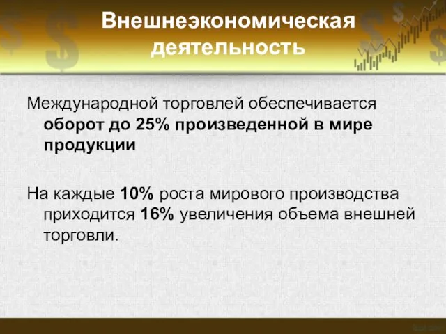 Внешнеэкономическая деятельность Международной торговлей обеспечивается оборот до 25% произведенной в мире