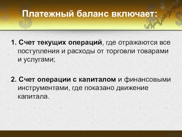 Платежный баланс включает: 1. Счет текущих операций, где отражаются все поступления