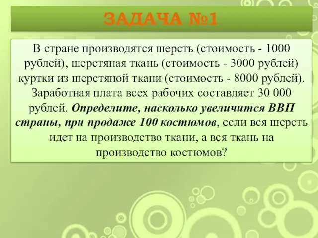 ЗАДАЧА №1 В стране производятся шерсть (стоимость - 1000 рублей), шерстяная