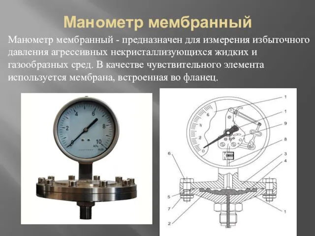 Манометр мембранный Манометр мембранный - предназначен для измерения избыточного давления агрессивных