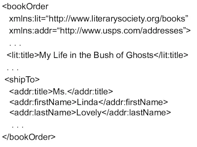 xmlns:lit=“http://www.literarysociety.org/books” xmlns:addr=“http://www.usps.com/addresses”> . . . My Life in the Bush of