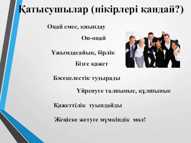 Қатысушылар (пікірлері қандай?) Оңай емес, қиындау Оп-оңай Ұжымдасайық, бірлік Бізге қажет