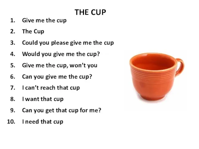 Give me the cup The Cup Could you please give me