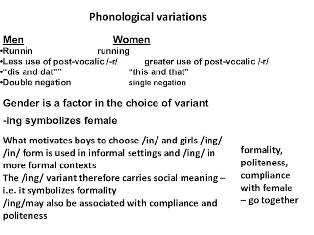 -ing symbolizes female Phonological variations Men Women Runnin running Less use